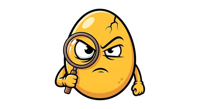A grumpy cartoon egg character holding a magnifying glass to investigate a crack on its surface