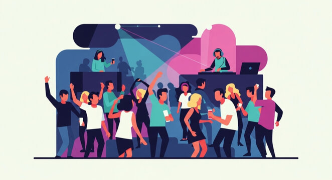 Vibrant Nightlife - People Dancing at a Lively Party with DJs and Colorful Lights.