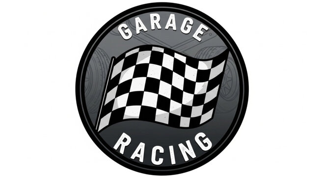 Garage Racing Emblem with Checkered Flag, Symbolizing Speed and Competition.