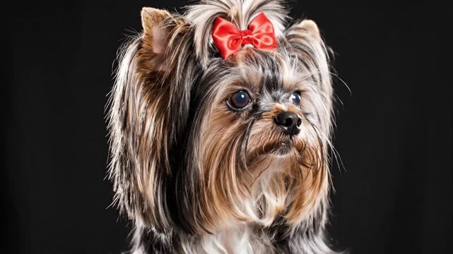 Cute Yorkie with Red Bow.