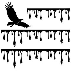 Majestic eagle silhouette soaring over black dripping ink borders and liquid paint splashes bird of prey flying above dark fluid design elements © Sirajum