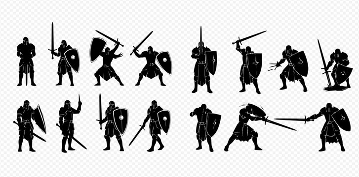 Set of medieval knight warrior silhouettes in various action poses with sword and shield, isolated on transparent background.