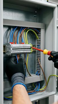 Electrician tightening wire connections in electrical panel. Man repairing switchboard with screwdriver. Industrial electrical maintenance work. Vertical video