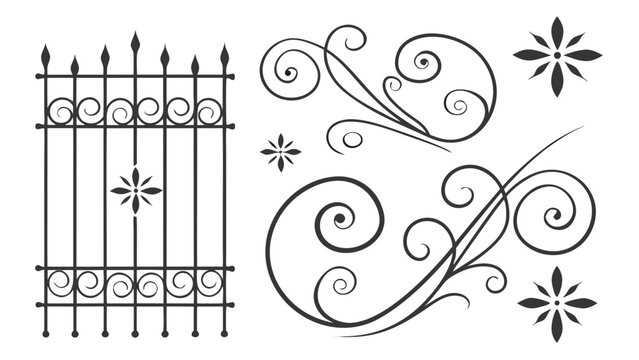 Wrought iron gate ornament and elegant swirl scroll collection with floral star motifs vector illustration for decorative metalwork design elements