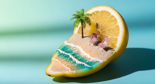 Surreal lemon slice tropical island beach concept with palm and chairs