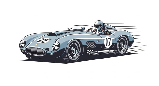 Vintage Racing Car with Driver in Action, Numbered 17 and 22.