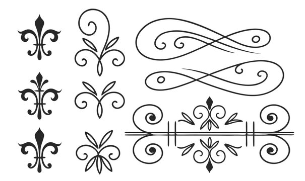Set of black fleur de lis symbols and scroll embellishments, elegant decorative borders for vintage design
