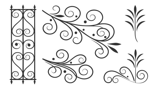 Black scroll embellishments with heart shapes and leaves, elegant decorative borders and dividers for vintage design