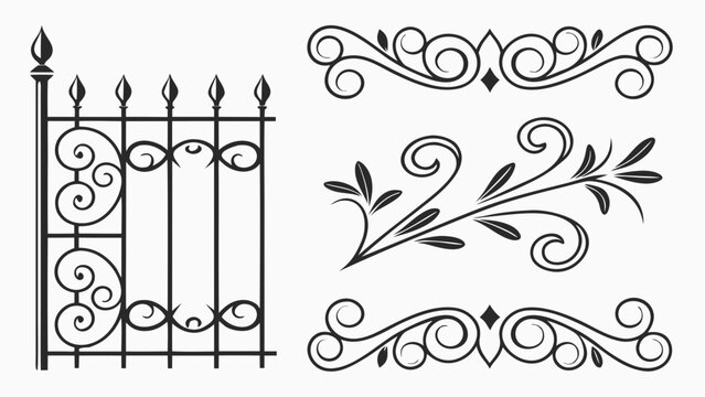 Victorian iron fence section with pointed finials and decorative scroll frames for garden architecture and traditional metalwork design illustrations