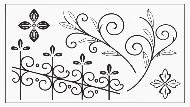 Set of decorative wrought iron elements, collection of vintage ornate fences, gates, and floral scroll designs for architectural embellishment