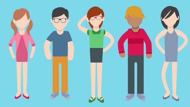 Group of diverse people standing together animation, teamwork diversity and social community concept