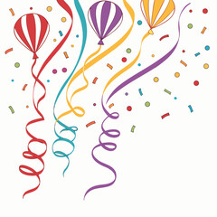 Obraz premium Bright celebratory balloons with stripes and long curly ribbons floating among confetti on white background for birthday party and holiday greetings