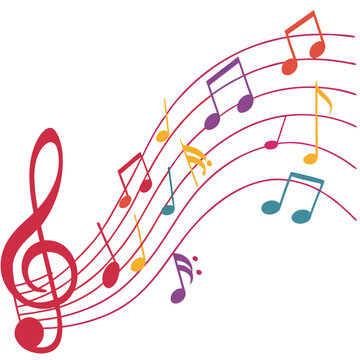 Colorful musical notes and treble clef on wavy staff abstract background with vibrant design and creative artistic illustration and joyful composition