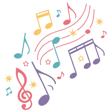 Musical notes and symbols floating and swirling with colorful stars and curved lines representing sound waves and melody