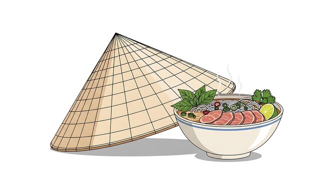 A steaming bowl of traditional vietnamese beef pho soup beside a classic conical straw hat icon