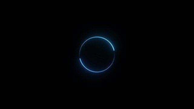 Abstract glowing neon line cyan color circular lens animation neon light on black background. animation glowing blue bar round shape processing rotation circular reset icon sign symbol