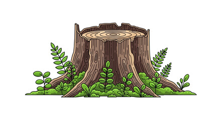 Tree Stump with Fresh Green Leaves and Moss, Nature's Resilience © Minggu