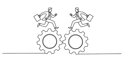 Obraz premium Businessmen Running on Interlocking Gears Concept