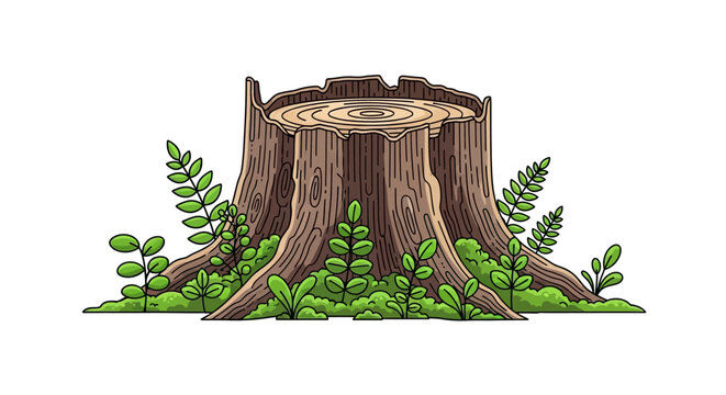 Tree Stump with Fresh Green Leaves and Moss, Nature's Resilience