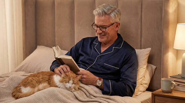 Older man reading in bed while petting his cat, cozy nighttime home lifestyle scene