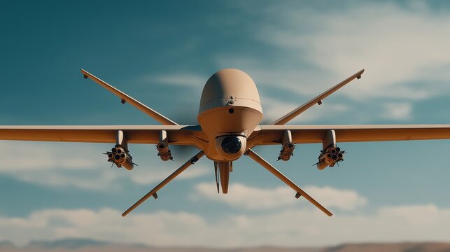 Military drone hovers, calm, against clear blue sky