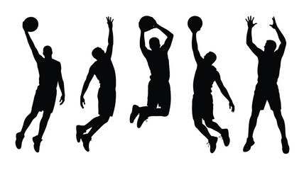 Black silhouettes of five basketball players jumping and shooting hoops in different poses on white background © Newton