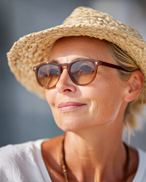 A mature woman wearing a straw hat and sunglasses gazes thoughtfully, showcasing natural skin texture and a calm expression.