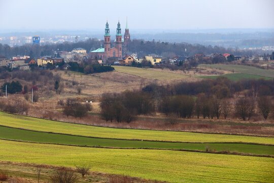 Piekary Slaskie, Poland. Rural view in Silesia region with cityscape.
