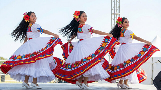 Mexican Folk Dancers Cinco de Mayo, a group of three women in vibrant folklorico dresses, dancing in unison on a festive stage.