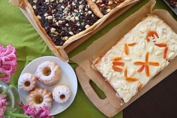 Easter cakes in Poland. Easter foods: babka cakes and mazurek flat short cakes.