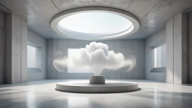 Futuristic minimal interior featuring a floating cloud in the center, symbolizing cloud computing, data storage, and digital infrastructure.