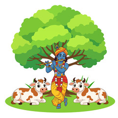 Obraz premium Lord krishna playing flute under tree with cows isolated on transparent background 