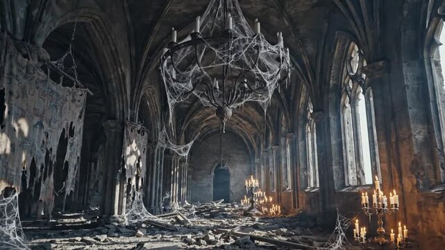 Eerie Gothic Hallway with Candles and Cobwebs.