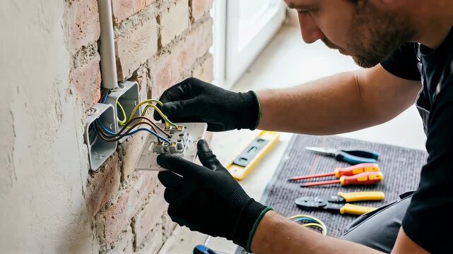 Male electrician installing electrical outlet onto wall. Man working on power network. Electrician service and wiring repair.