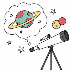 A colorful cartoon-style illustration showing a telescope looking up at a thought bubble containing planet saturn and stars © Monira