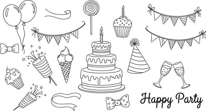 Birthday party doodle elements set with cake balloons bunting and celebration icons, outline hand drawn vector illustration collection