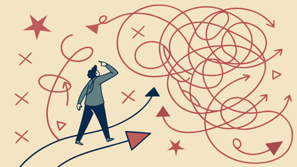 Confused businessman standing at crossroads looking for solution to complex problem choosing right direction finding way out of tangled road © Monira