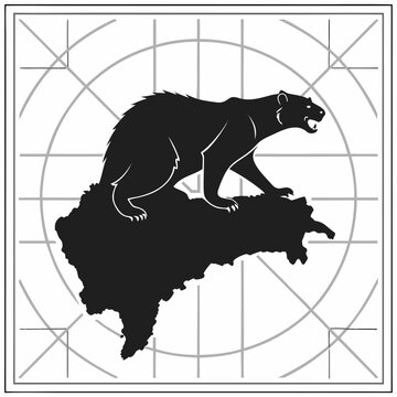 Silhouette of bear standing on abstract geographical map shape with circular grid background nature and wildlife conservation graphic illustration set