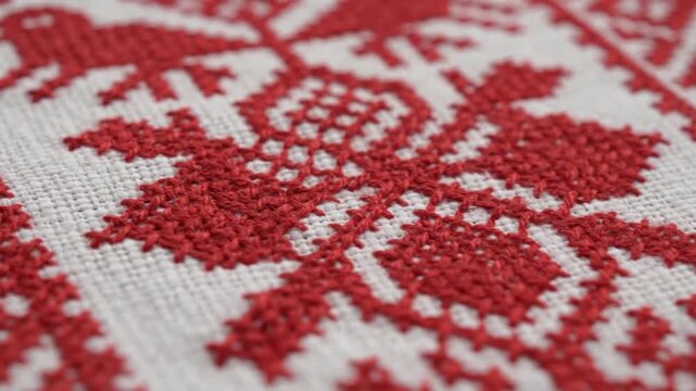 Close-up of traditional red cross-stitch embroidery with bird motif on white linen fabric