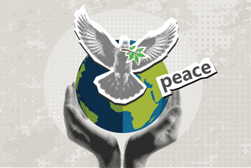 Naklejka premium Trendy Halftone Collage releasing a dove with olive branch from hand to flight on globe background. Bird symbol of peace and freedom. Concept for logo, card, banner, poster