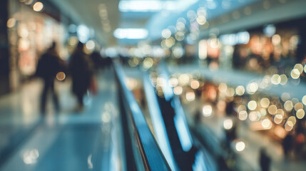 Fototapeta premium Blurred background of a shopping center, people, stores, escalators, shopping, mall, hall, architecture, out-of-focus photo, bokeh