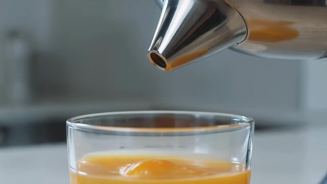 A person pouring fresh orange juice from a pitcher into a clear glass on a kitchen counter.