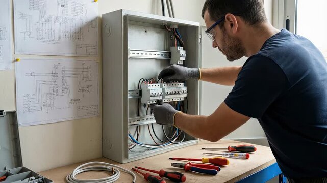 Male electrician installing and repairing electrical wiring in a switchboard, working with tools and circuit diagram.