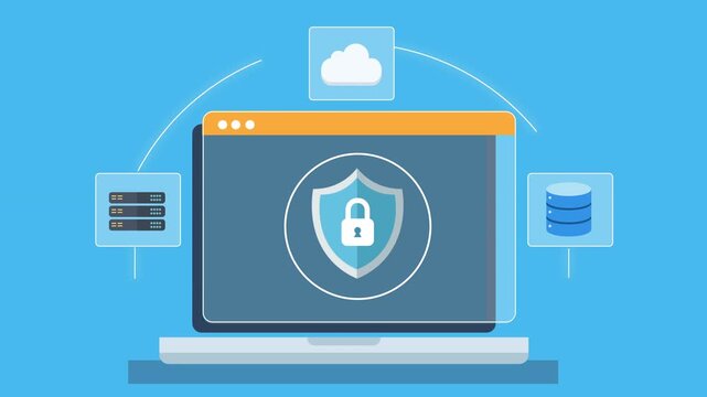 Flat animation of laptop with shield lock, cloud and database icons showing cybersecurity, data protection, and secure cloud storage in modern digital systems.