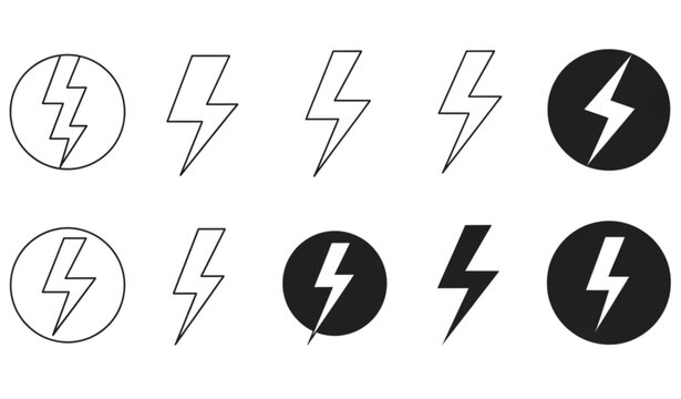Thunder lightning vector icon pack with circle elements in outline and silhouette style