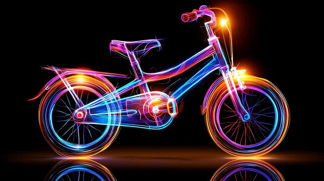 abstract illustration of a children's bicycle, colorful and in a vector style with sketchy lines on a black background. the illustration features glowing light effects and low detail,