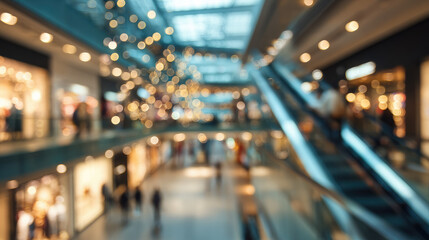 Fototapeta premium Blurred background of a shopping center, people, stores, escalators, shopping, mall, hall, architecture, out-of-focus photo, bokeh
