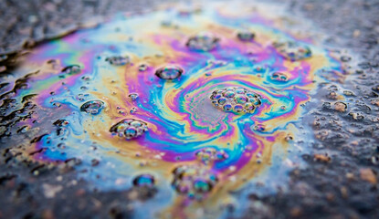 Fototapeta premium Rainbow oil slick on wet asphalt texture.
