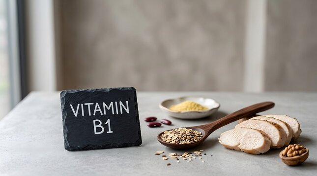 Vitamin B1 sources: chicken, grains, beans, and nuts on a table