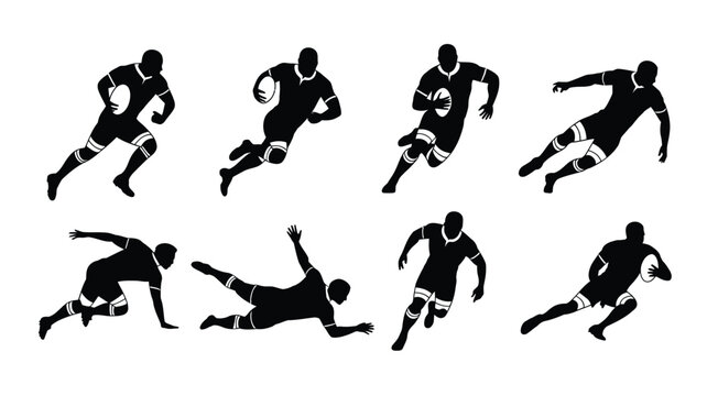Rugby players in various dynamic poses running tackling and kicking black silhouettes on white background sports and fitness concept